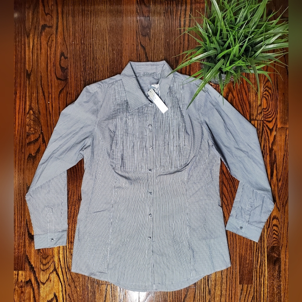 Signature By Larry Levine NWT Gray Striped Button-Down Long- Sleeve Shirt Sz XL